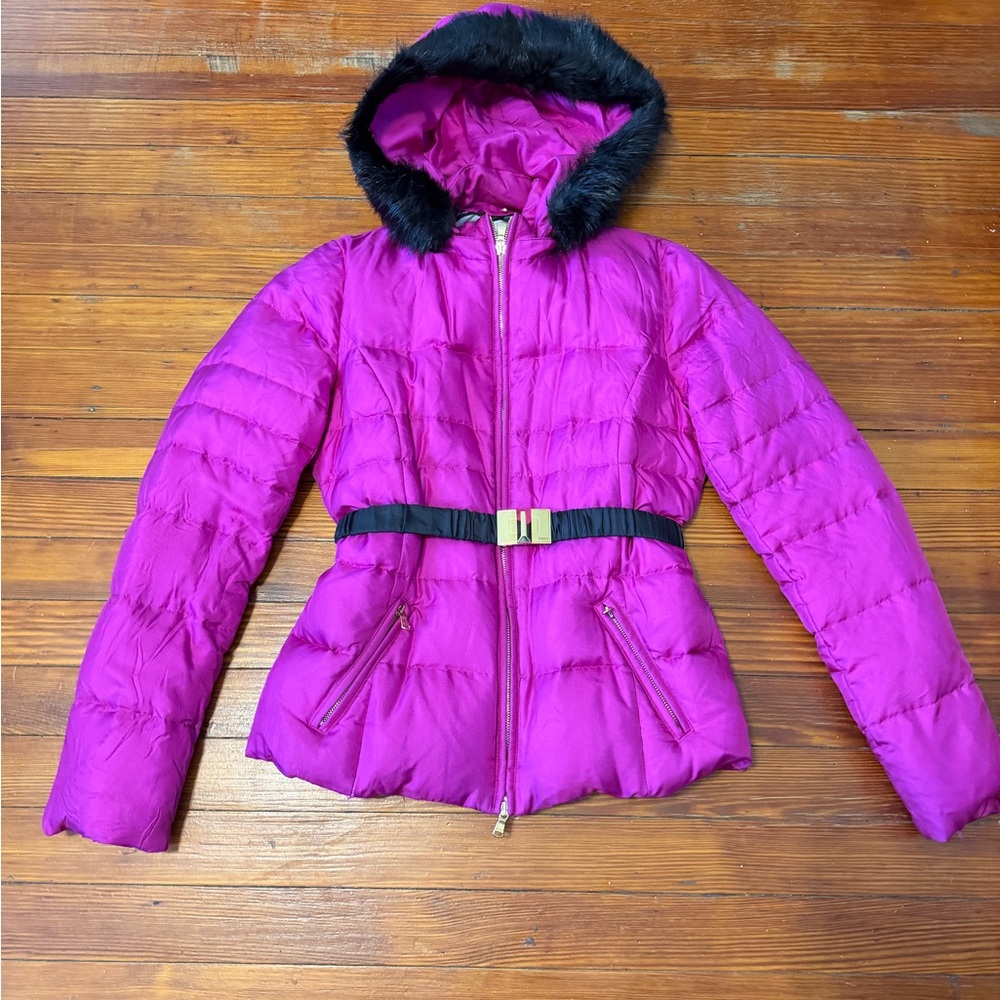 Authentic Emilio Pucci Fuschia Puffer Jacket with Black Beaver Fur Hood SZ 6